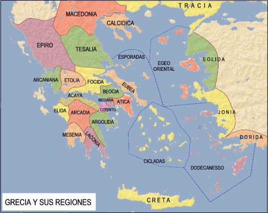 Mapa que muestra las principales regiones de la Grecia antigua