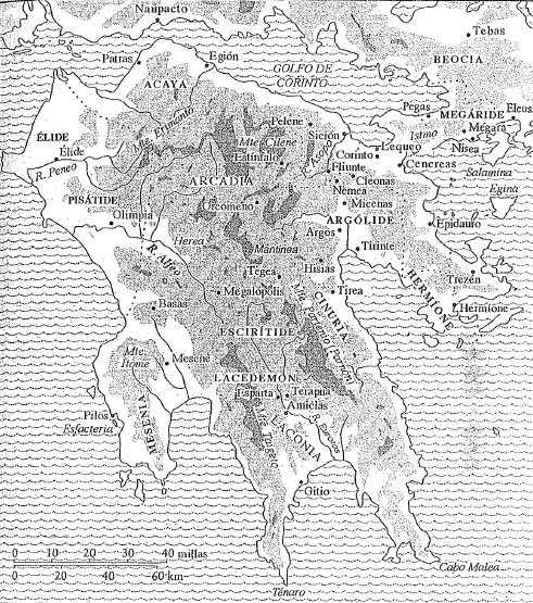 Mapa de la Península del Peloponeso y sus principales regiones y ciudades