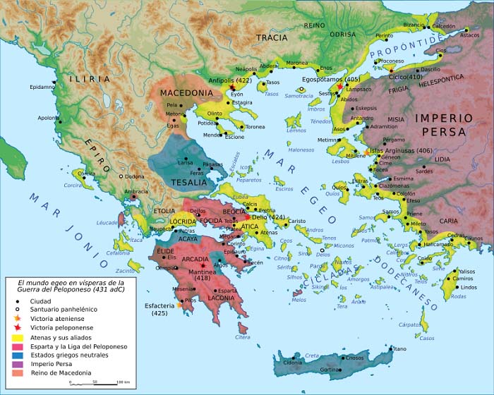 Mapa del mundo griego en vísperas de la Guerra del Peloponeso