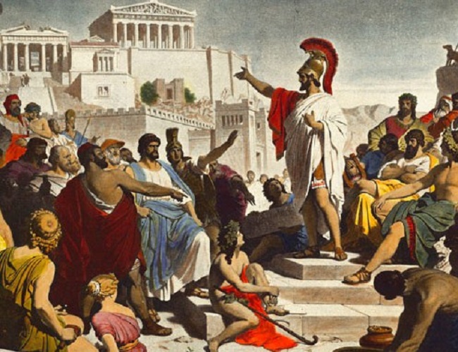 Ilustración idealizada en la que se representa a Pericles hablando en la asamblea ateniense