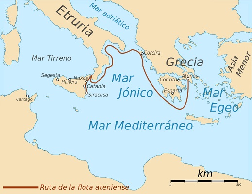 Itinerario seguido por la flota ateniense en la expedición a Sicilia, una de las fases de la Guerra del Peloponeso