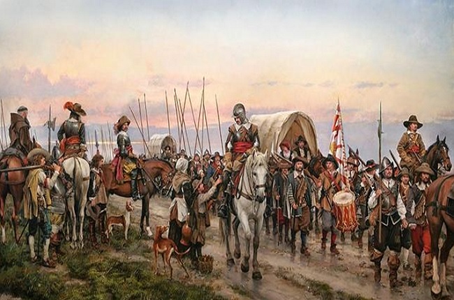 Soldados de los Tercios españoles en el denominado Camino español. Cuadro de Augusto Ferrer Dalmau